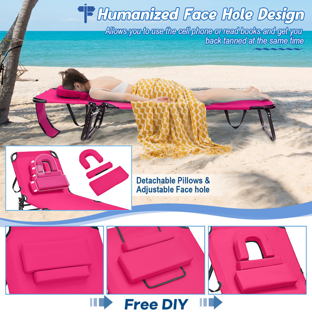 Aimee Lii Beach Chaise Lounge Chair with Face Hole and Removable Pillow, Patio Loungers, Pink