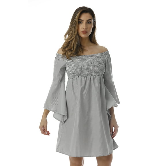 Cocoom Bell Sleeve Dress with Smocking 401580-BLU-2X (Black / White, Large)