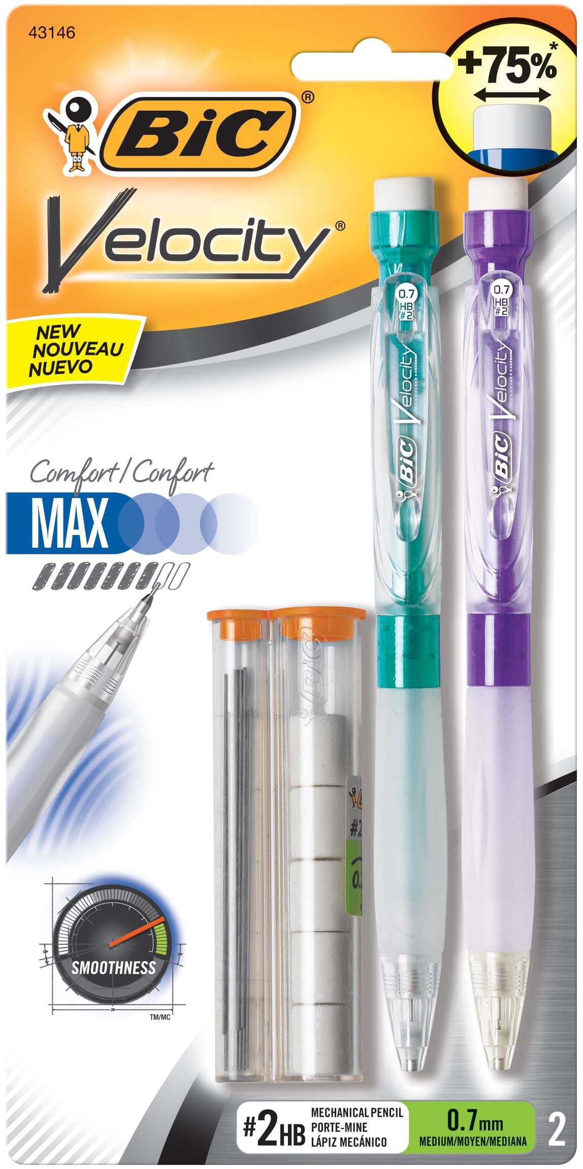 BIC Velocity Max Mechanical Pencil with Large Easer and Refills 0.7 mm Medium Point 2ct