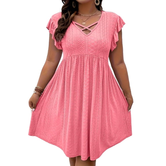 Plus Size Maxi Dresses for Womens 2026 Summer Fashion Plus Size V-Neck Crisscross Detail Ruffle Sleeve Flared Midi Dress Casual Solid Color Dress