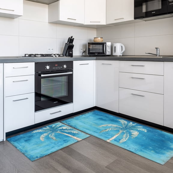 Royal Blue Palm Tree 1 Piece Non-Slip Kitchen Mat Set, Summer Tropical Plant Botanical Abstract Soft Door Mat with Rubber Backing, Dirtproof Rugs for Entrance Doorway, 15.7 x 47.2in