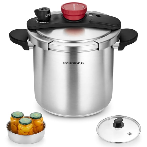 Koch Systeme CS Stainless Steel Pressure Cooker 8.5 Quart, 3-in-1 Olla de Presion, Easy One-Hand Lock, 18/10 Stainless Steel, Stovetop Presssure Cooker, Induction Compatible, with Glass Lid & Steamer