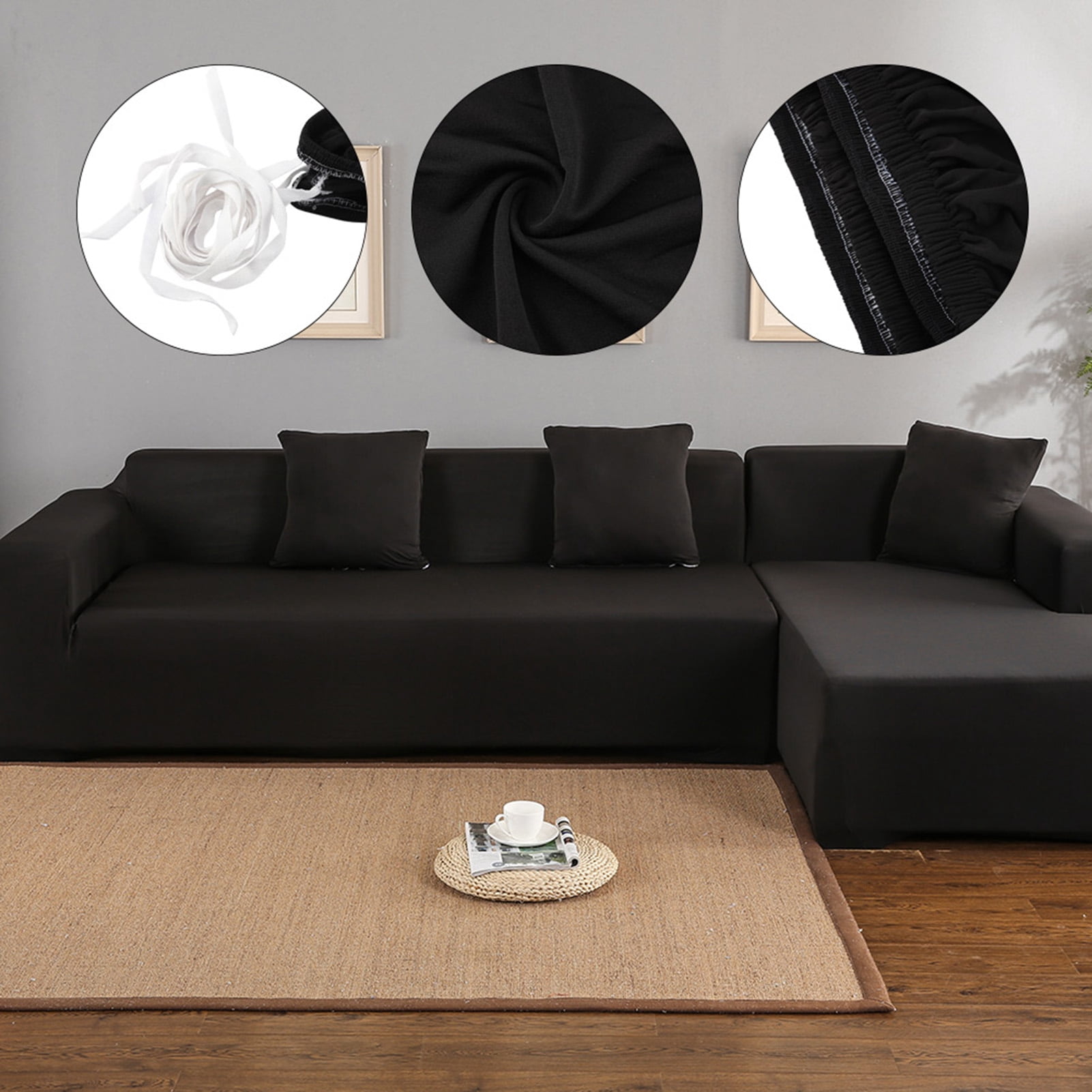 Fyydes 3+2 Seat Corner Sofa Cover L Shape Slipcover Protector for Living Room (Black)