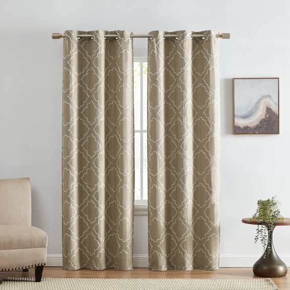 Elrene Home Fashions Valian Lattice Embroidered Blackout Window Curtain Panel, Set of 2, Tan, 37" x 63"