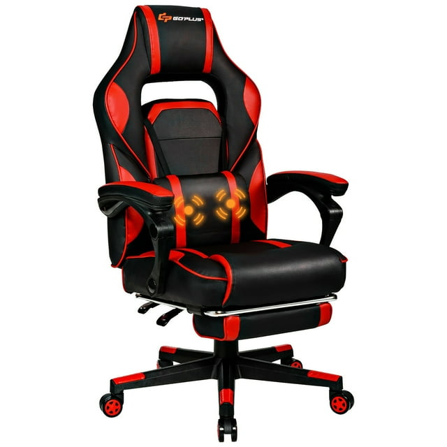 Goplus Chaise de Massage Gaming Inclinable Chaise de Bureau d'Ordinateur de Course avec Repose-Pieds Rouge