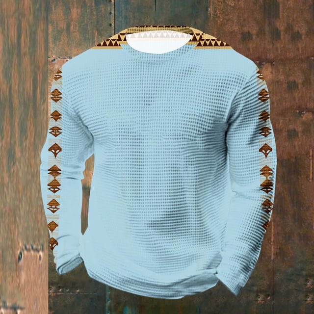 Ceisia Men's All-Season Casual Regular Fit Crew Neck Sweatshirt Light Blue Ethnic Geometric Print Waffle Knit Stretch Fabric Multicolor L Gifts