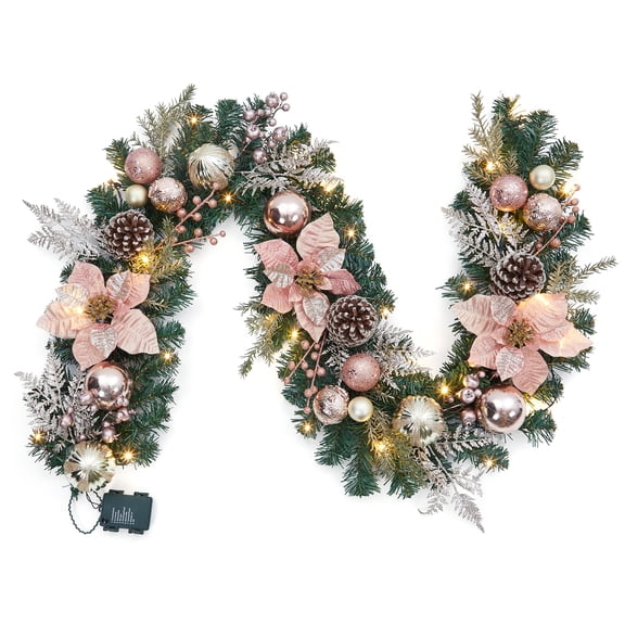 6ft Christmas Garland with Lights, Prelit Christmas Garland with Timer 20 LED Lights, Rose Gold Ornaments, Pinecones, Indoor/Outdoor Holiday Ribbon Decoration for Mantel, Fireplace, Stairs