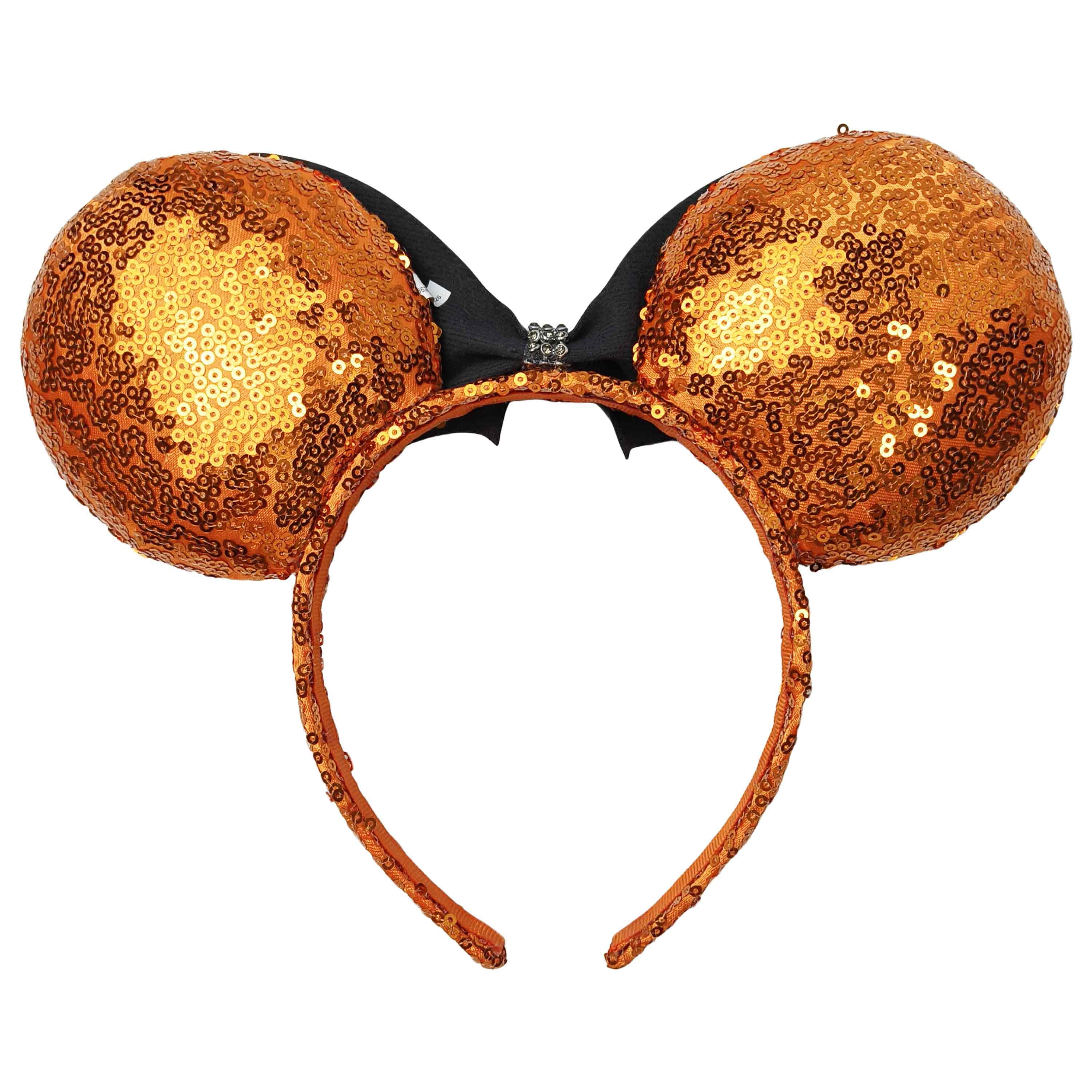 Disney Halloween Minnie Mouse Orange Sequin Ears with Faux Leather Bat Bow for Adults