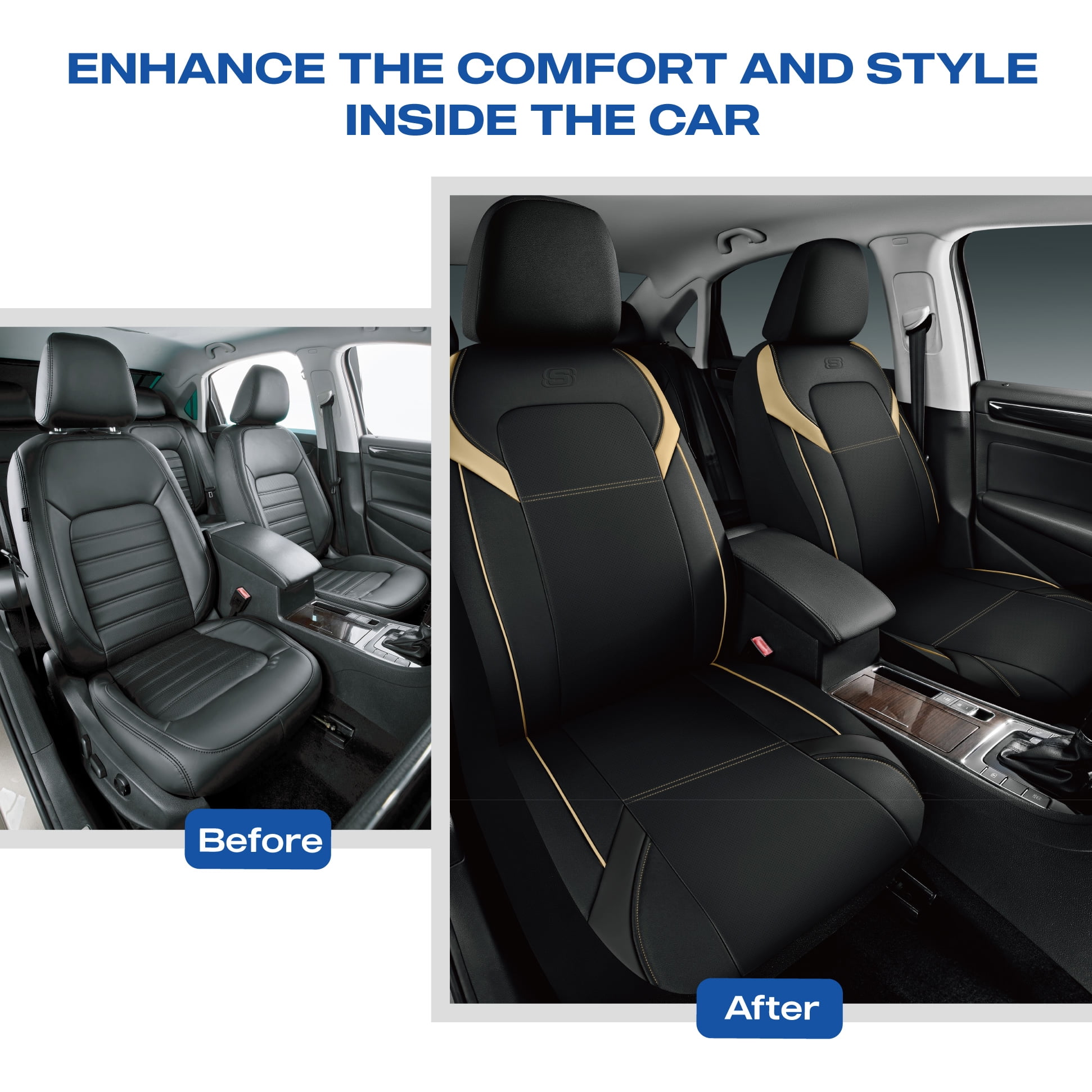 Skechers Premium Leather Car Seat Cover – Full Set, Durable, Breathable, Universal Fit for Cars, SUVs, and Trucks - Beige