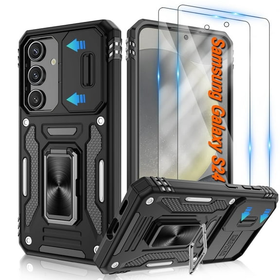 Atump Galaxy S24 Case with 2Pcs HD Screen Protector, Military Grade Shockproof Slim Hard Shell Cell Phone Case for Samsung Galaxy S24, Black, New, 1 Pack