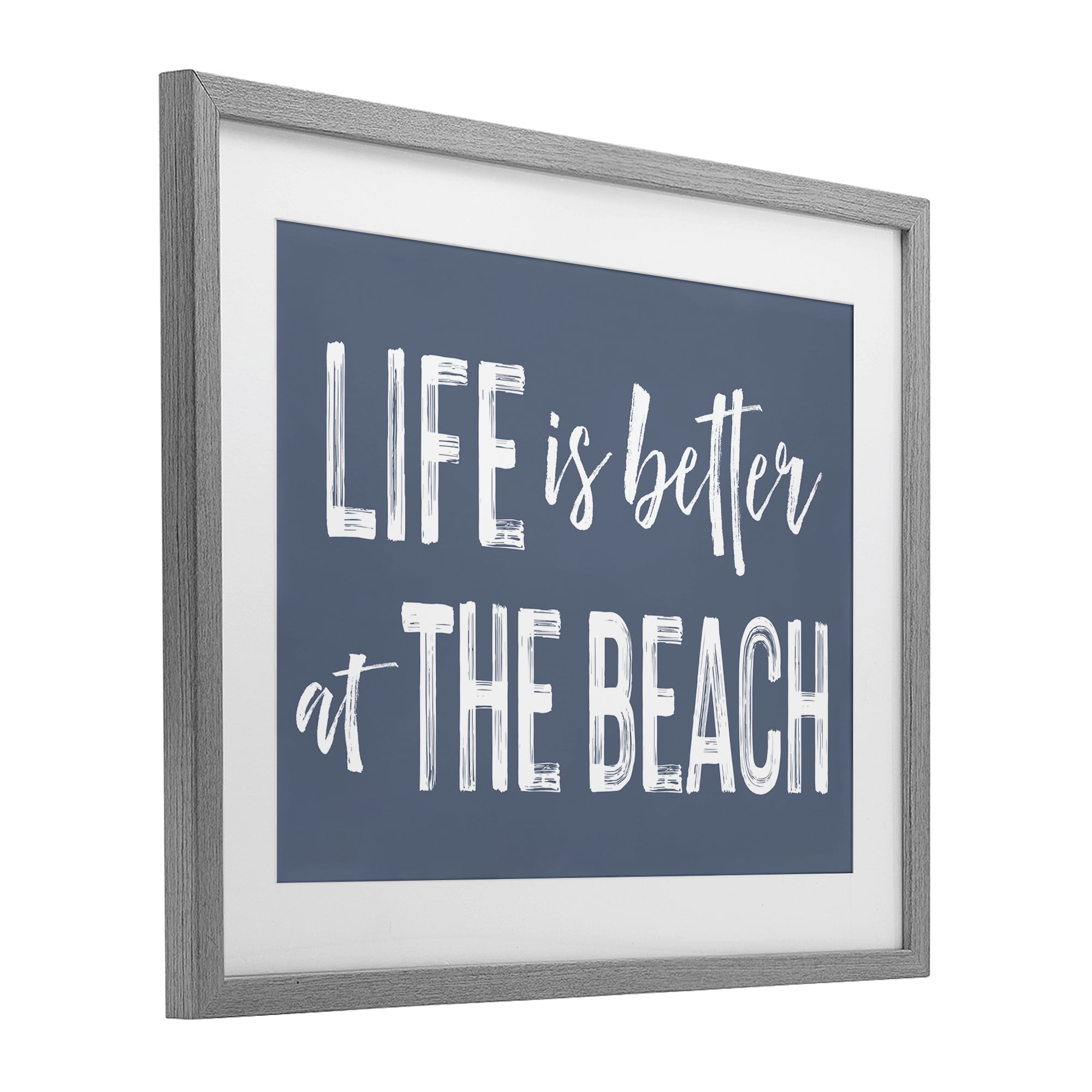 Life Better At Beach Blue Gray Framed Print Under Glass, design by Lettered and Lined