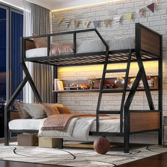 Twin over Full Size Metal Bunk Bed, Kids Teens Chic Bed Frame with Bedside Storage Shelves and LED Light Strip