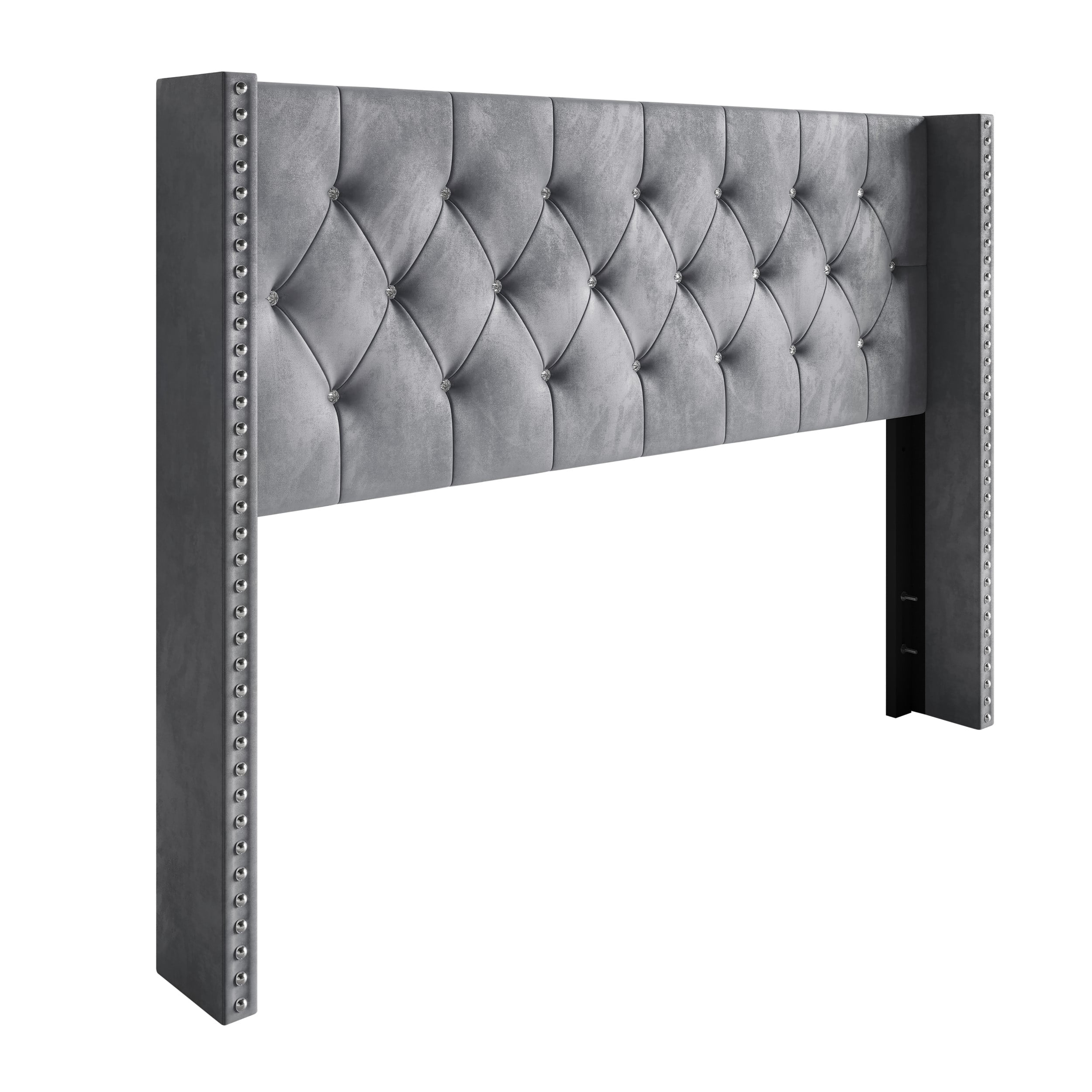 Home Design Gretna King Wingback Tufted Upholstered Headboard with Nailhead Trim, Silver Gray