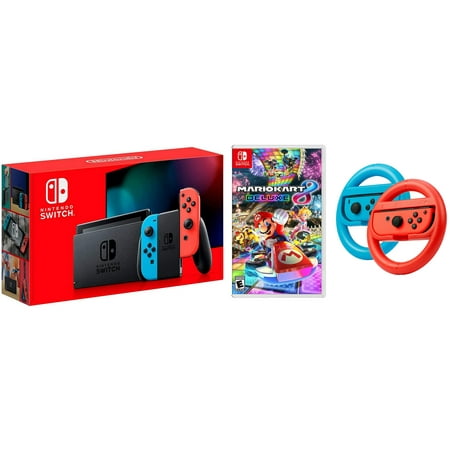 Nintendo Switch Console Neon Red & Blue with Mario Kart 8 Deluxe, Joy-Con Steering Wheel Set