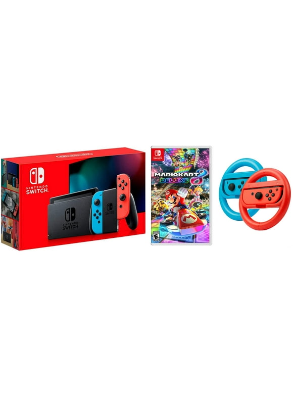Nintendo Switch Console Neon Red & Blue with Mario Kart 8 Deluxe, Joy-Con Steering Wheel Set - Import with US Plug
