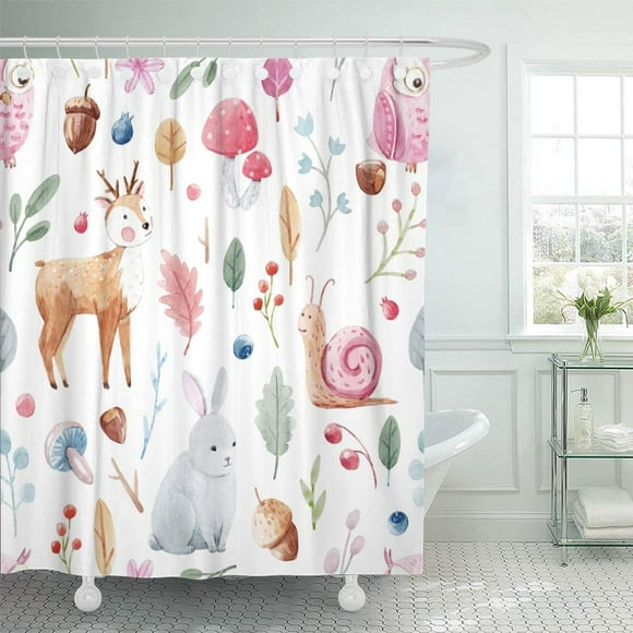 BSDHOME Children's in Watercolor Technique Fairy Forest with Animals and Plants Deer Hare Waterproof Bathroom Shower Curtains Set 66x72 inch
