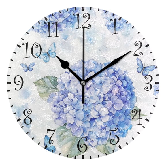 10" Artistic Round Wall Decorative Desk Clock Wall Clock Home Decor Blue Hydrangea Pattern