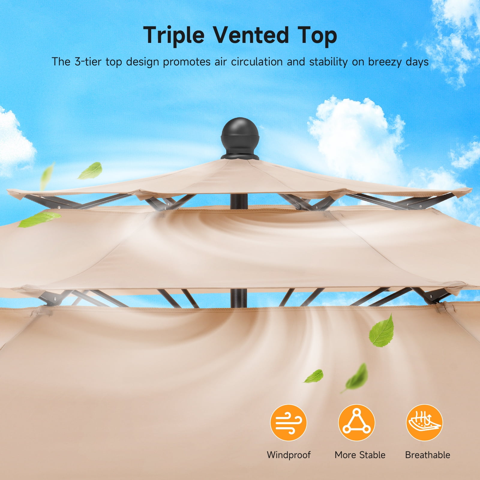 Dovov 10ft Patio Umbrella with Crank & Push Button Tilt, 3 Tier Vented Outdoor Market Umbrellas Adjustable Patio Table Umbrella with 8 Glass Fiber Ribs for Beach Pool Garden Lawn Backyard, Champagne