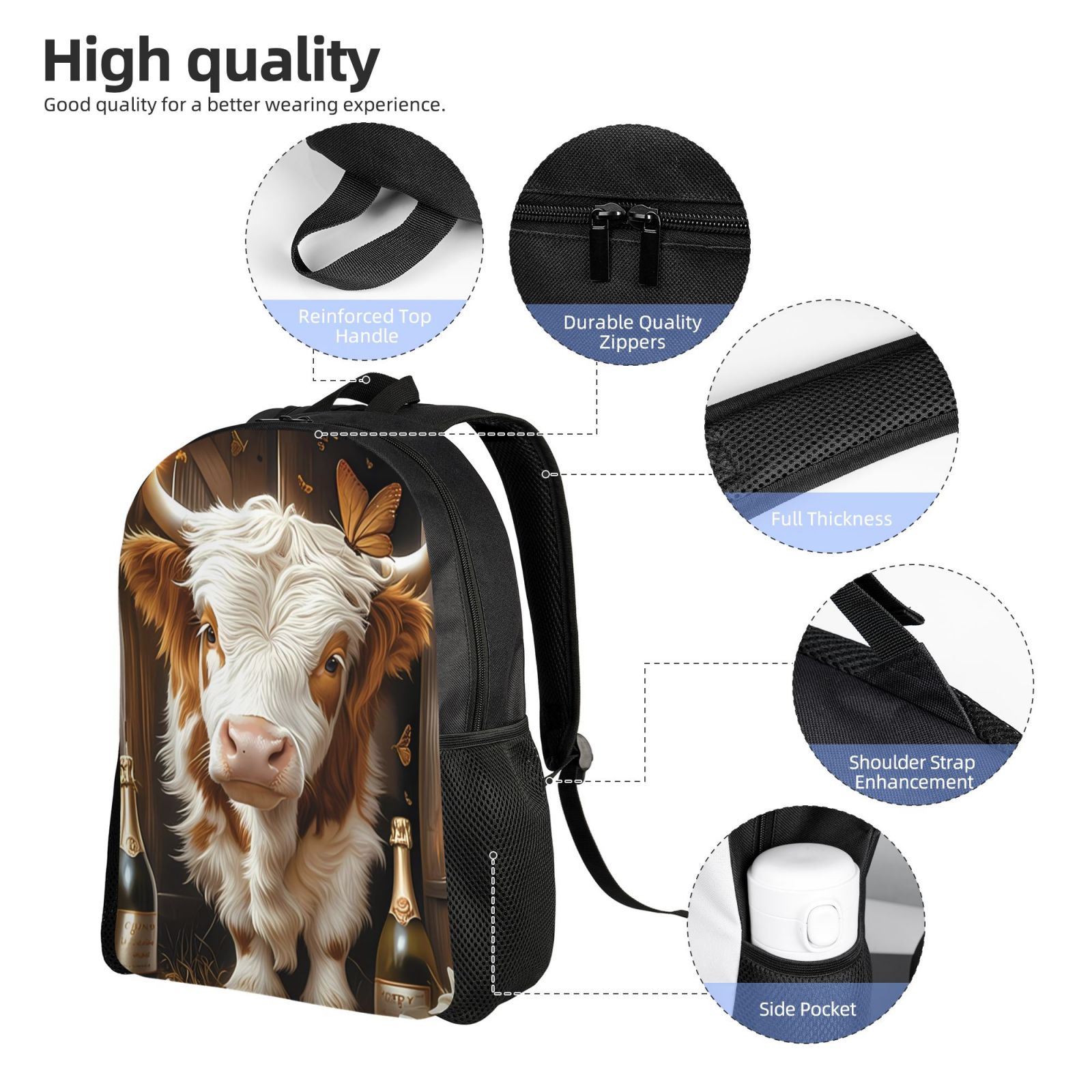 Xecao Rustic Cow Butterflies Champagne Print School Backpack with Laptop Compartment Small Travel Laptop Backpack for Women Men Waterproof College Backpack Simple School Bag