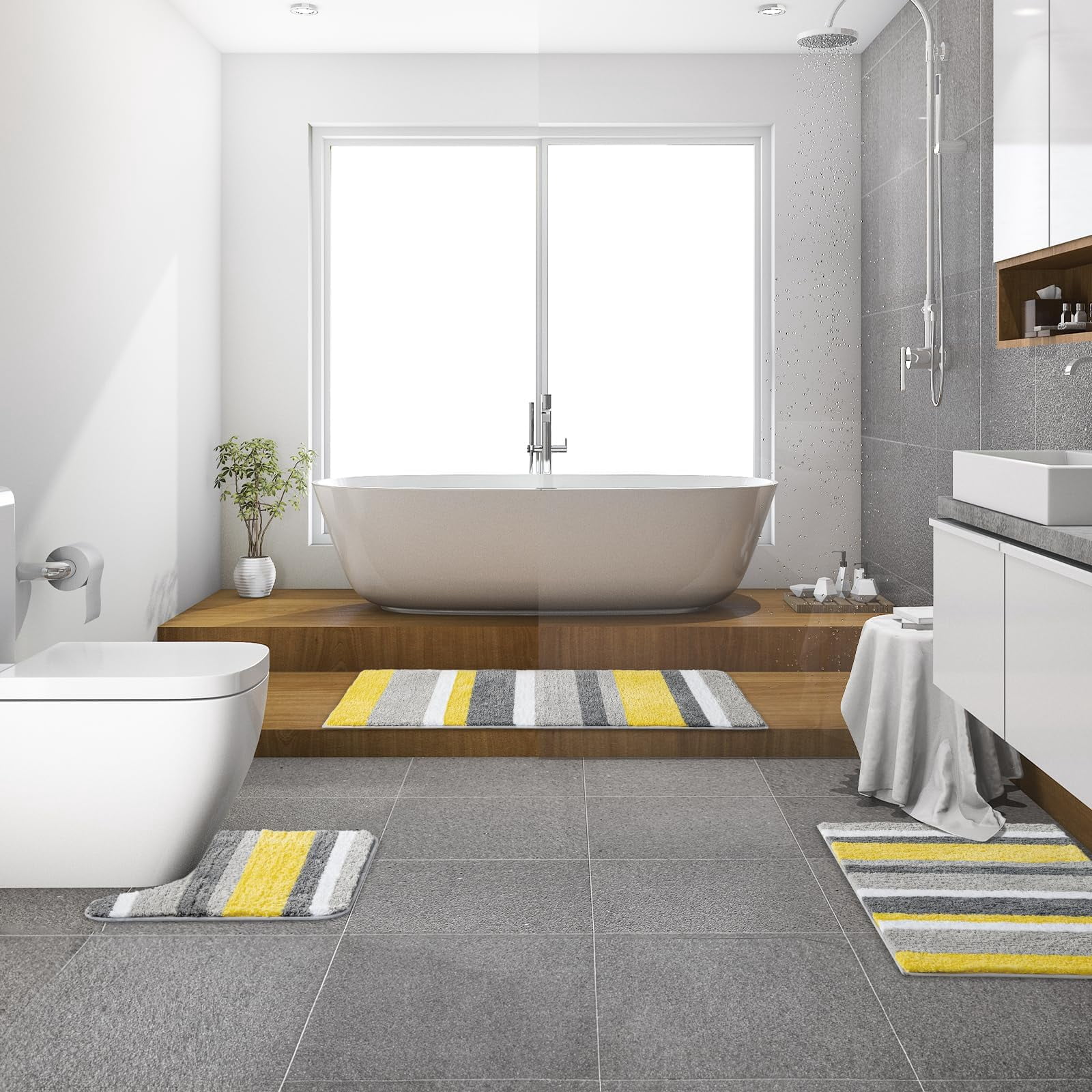 qtess Fluffy Bathroom Rugs Bath Mats Rugs Microfiber Striped Shower Rug Absorbent, Soft and Plush Machine Washable Non Slip Carpet Quick Dry for Bathroom Floor Tub, 16x24 Inch, Yellow-Grey