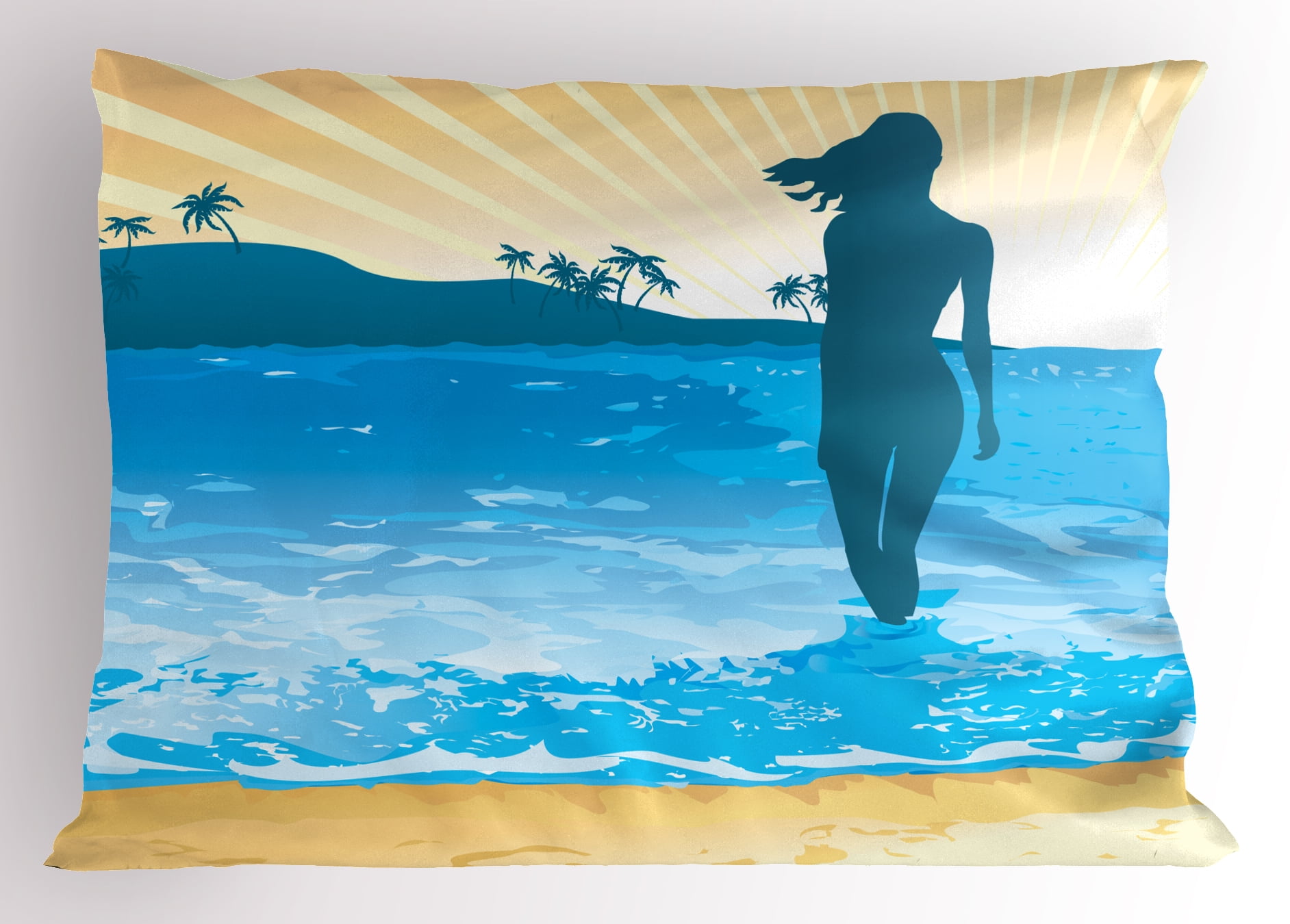 Beach Pillow Sham Summer Vibes Girl Near the Sea Shore Ocean Palms