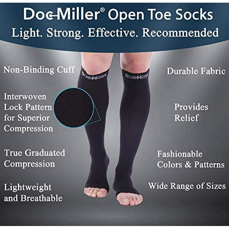 Doc Miller Open Toe Compression Socks Women and Men, Toeless Compression  Socks Women, Support Circulation Shin Splints and Calf Recovery, Varicose  Veins, 1 Pair Black Knee High, Medium Tall, 20-30mmHg 