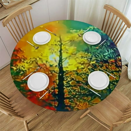 

Watercolour Forest Multi Print Tablecloth Round Elastic Elastic Edged Oil Proof Table Cover for Family Gatherings