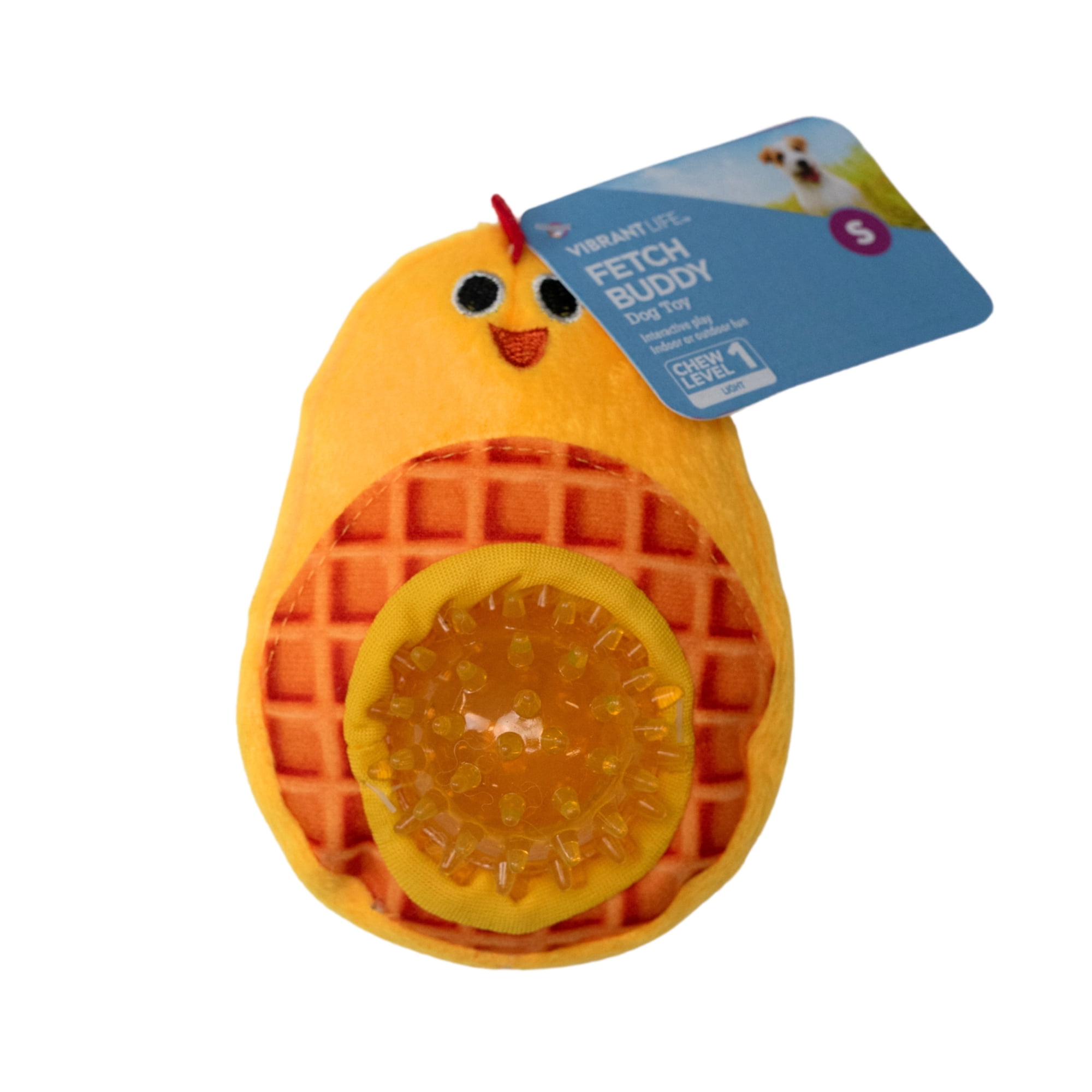 Vibrant Life Fetch Buddy Chicken Waffle Plush Dog Toy with Detachable Spikey Ball, Chew Level 1, Small