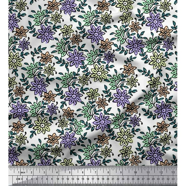 Soimoi Polyester Crepe Fabric Leaves & Floral Block Print Fabric by Yard 52 Inch Wide