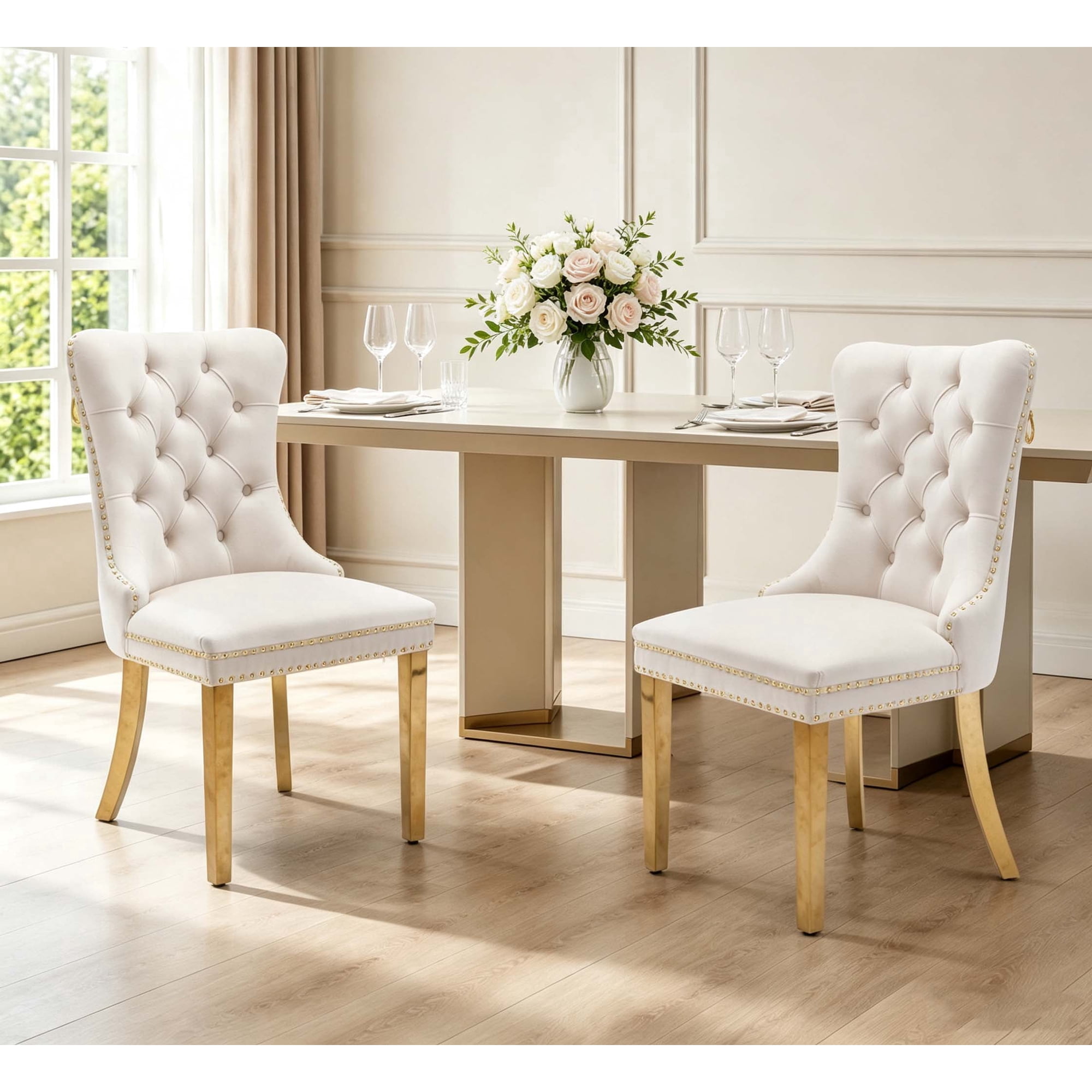 Jiayuan Song Velvet Tufted Dining Chairs Set of 2, Beige Fabric Gold Leg Glam Side Chairs