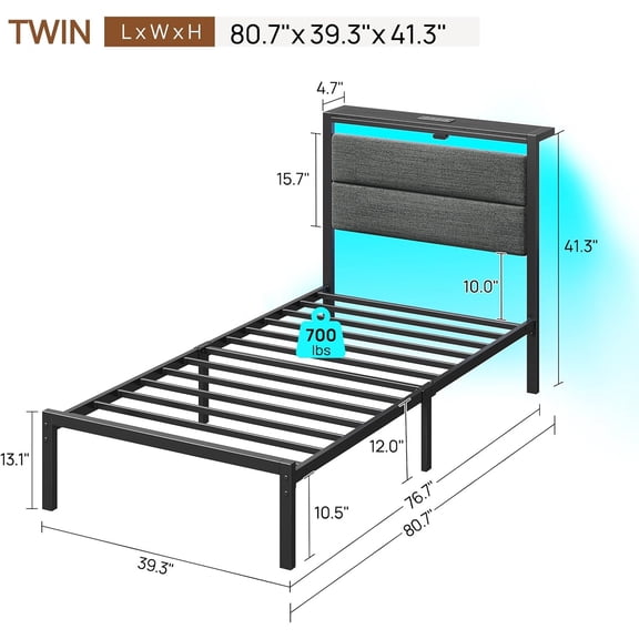 Bed Frame Twin Size with Charging Station, LED Twin Bed Frame with Upholstered Storage Headboard, Platform Bed with Metal Slats & Under Bed Storage, No Box Spring Needed, Noise Free, Grey