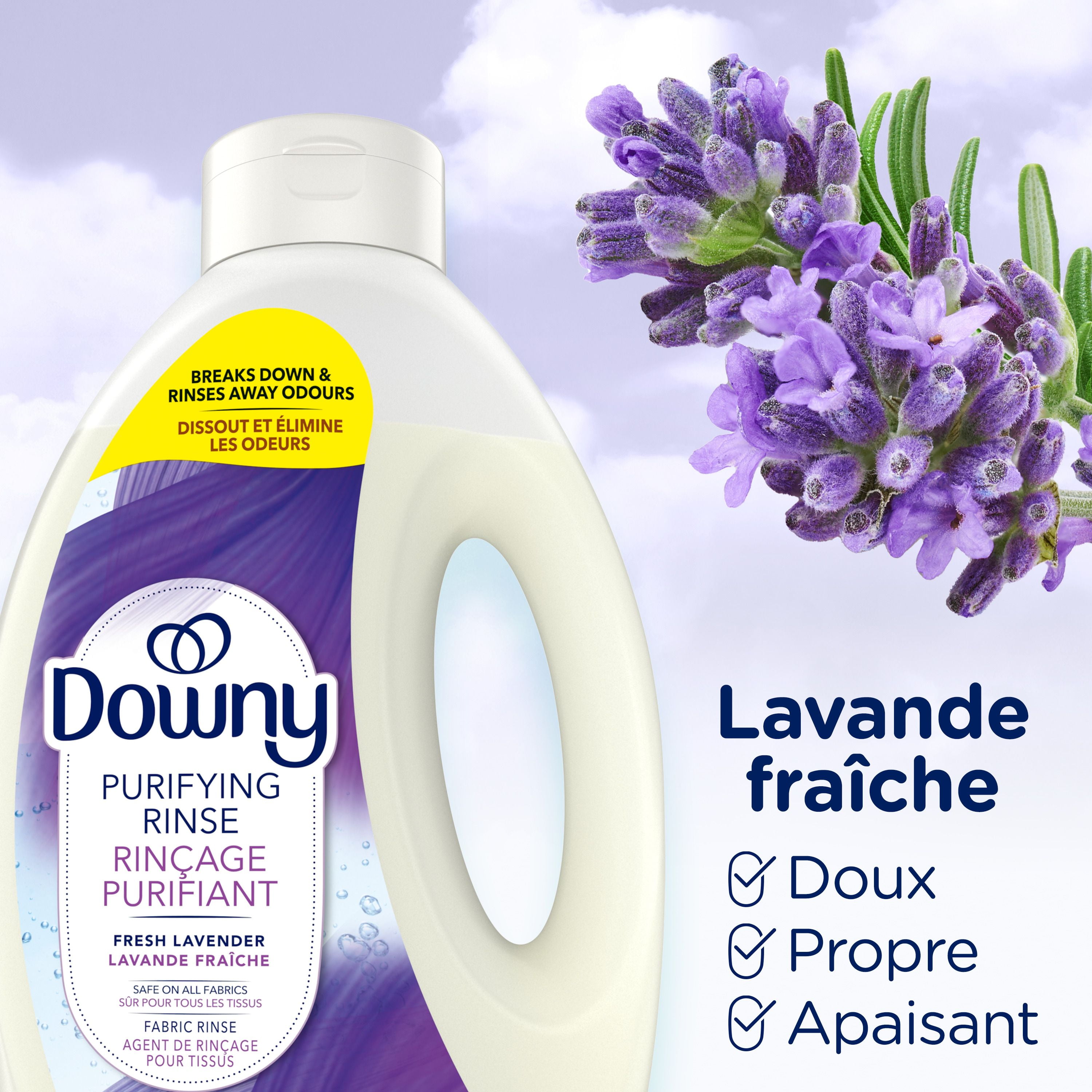 Agent de rinçage purifiant éliminateur d’odeurs pour lessive Downy, parfum Lavande fraîche, assouplissant textile et agent de rinçage éliminateur d’odeurs 1.8 L