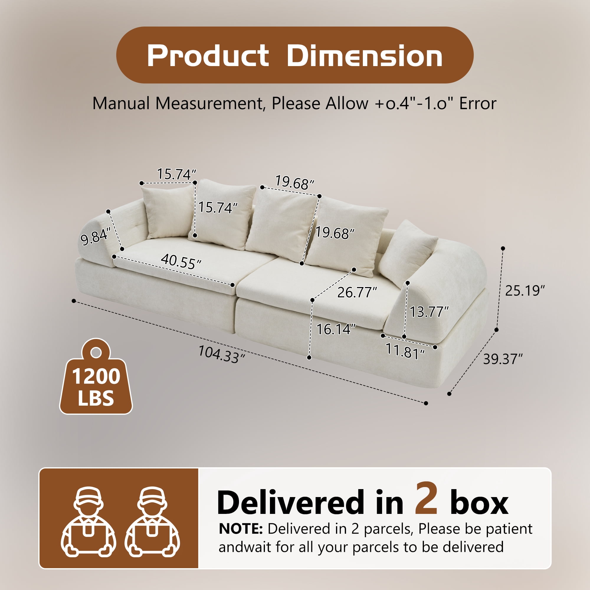 104" Modular Cloud Sectional Sofa with Reversible Ottoman, Vibrant Orange Boneless Couch with Extra Deep Seating
