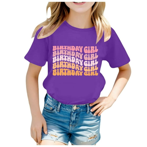 Povozer Girls Short Sleeve Tops Casual 1-12 Years 2025 Birthday Girl Shirt Kids Girls T Shirts Casual Raglan Short Sleeve Crewneck Color Block Summer Tees for 5-6 Years,Purple