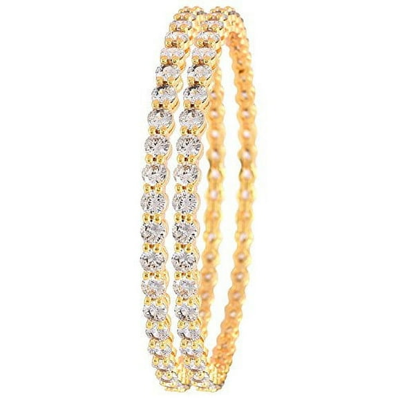 Ratnavali Jewels CZ Zirconia Gold Tone White Solitaire Diamond Bollywood Indian Bangles Jewelry Women