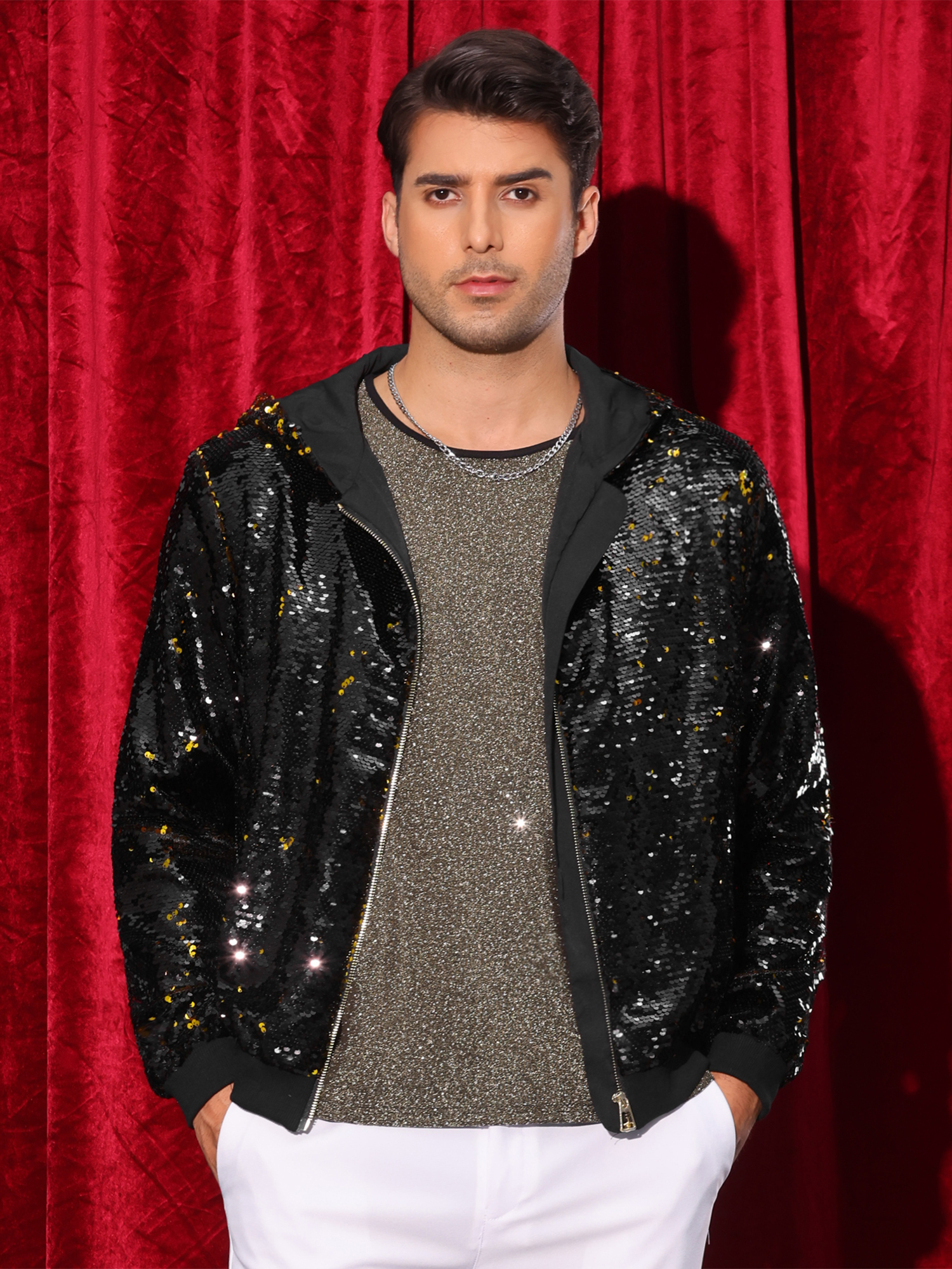 DARING DIVA Men's Sequins Long Sleeves Flip-Sequin Sparkle Metallic Hoodie Jackets S Black