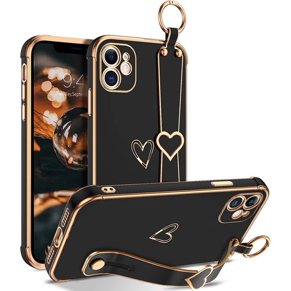 iPhone 11 Love Heart Case - Cute Wristband Kickstand & Soft TPU Bumper for Girls & Women - Black