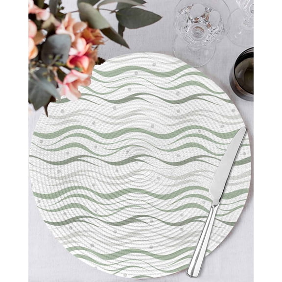 15 Inch Round Placemats Set of 4, Sage Green Stripes Non Slip Heat Insulation PP Table Mats, Modern Simple Gradient Waves Lines Washable Place Mats for Kitchen Dining Party Table Decor