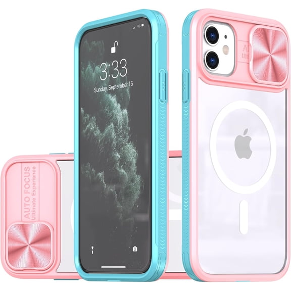 Case for iPhone 11 Compatible with Magsafe with Camera Cover Slide,Military Grade Shock Resistant Heavy Duty Clear Hard Back Protective Case Pink