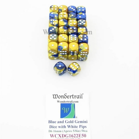 Blue and Gold Gemini Dice with White Pips D6 16mm (5/8in) Pack of 50 Wondertrail
