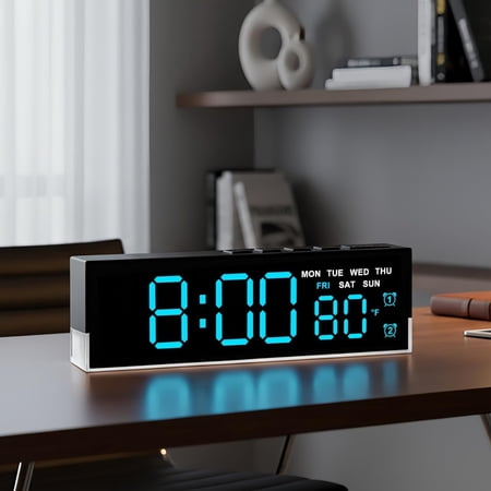 7-Inch LED Digital Alarm Clock with Bottom Glow Light|Displays Time, Date, Day, Temperature|Dual Alarms, DST, Auto/Manual 3-Level Brightness, Battery or USB Powered Desk Clock,Blue
