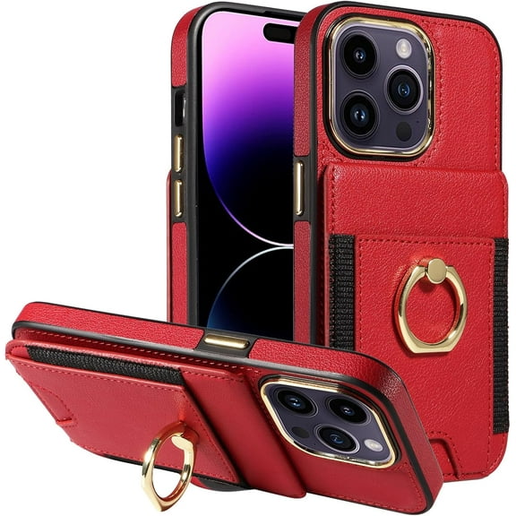 Compatible with iPhone 14 Pro Max Wallet Case with Credit Card Holder and 360° Rotation Ring Stand, RFID Block Flip Leather Shockproof Cover(6.7 inch,Rose Gold)