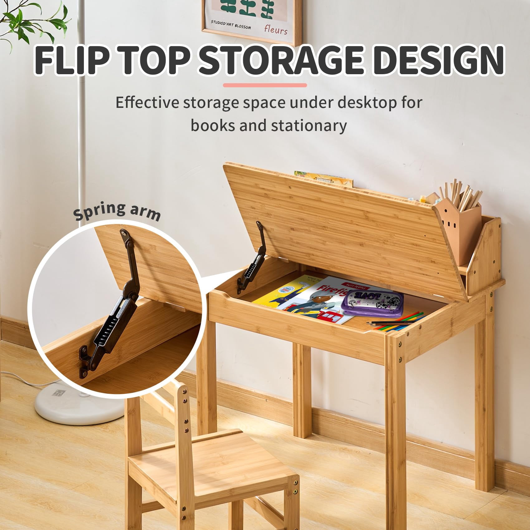 UNICOO® Bamboo Kids Desk and Chair Set, Lift-Top Desk & Chair Set for 3-8 Years Old, Children Writing Desk with Storage and Hutch for Home School Use (C007 - Nature)