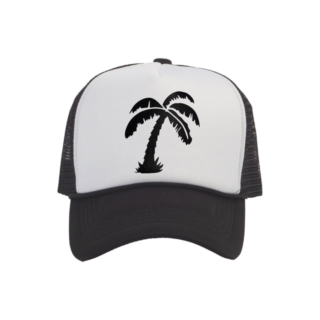 Men's Palm Tree Cap Snapback Trucker Hat, White/Black