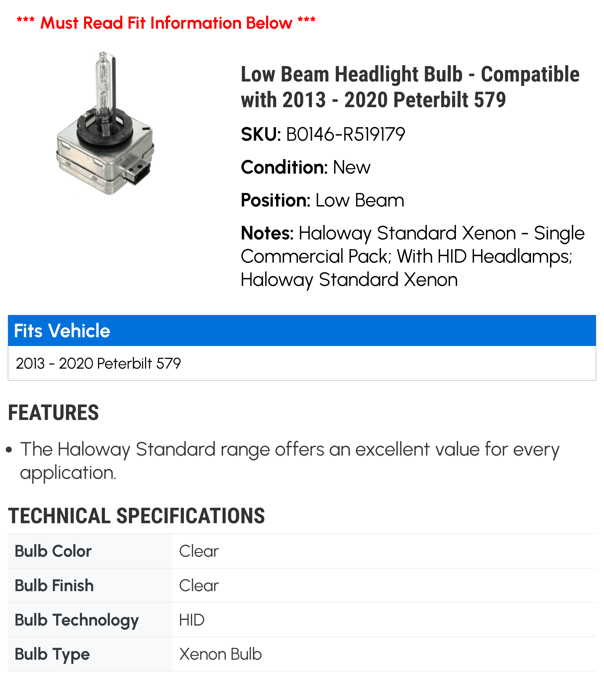 Low Beam Headlight Bulb - Compatible with 2013 - 2020 Peterbilt 579 2014 2015 2016 2017 2018 2019