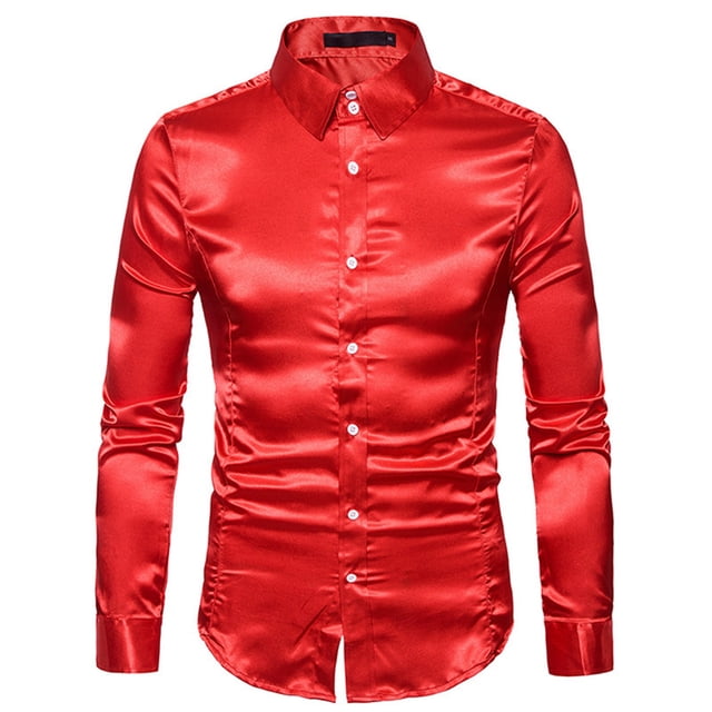 Xingzhi Chemise Homme Manches Longues Formelle avec Col Rabattu - Bonne Coupe pour Corps Normal Lavable en Machine Chemise de Mariage Homme Satin Rouge G