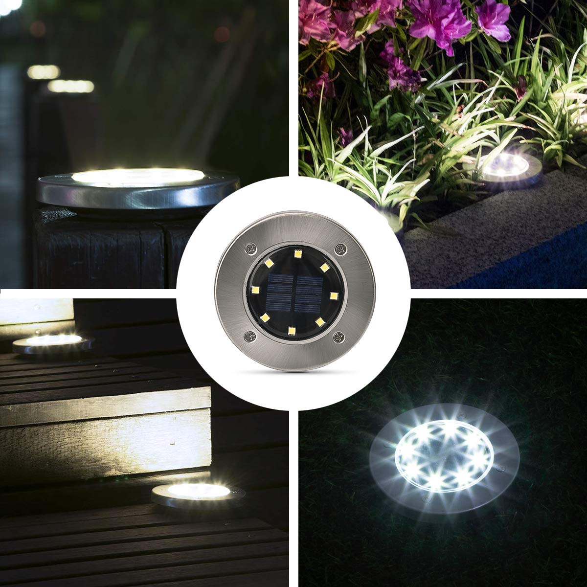 RNKR Solar Ground Lights,8 LED Disk Lights Solar Powered Waterproof Garden  Pathway Outdoor in-Ground Lights with Light Sensor for Garden Driveway Lawn  Pathway Yard Pool Step and Walkway