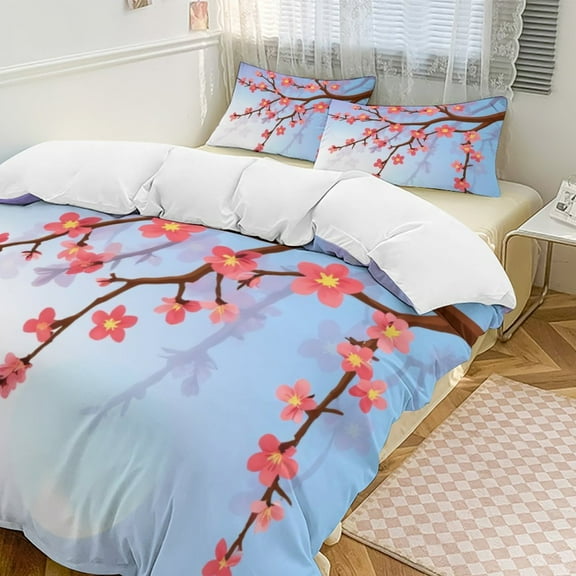 Cherry Blossom Branch Duvet Cover Set Themed Multicolor Polyester Bedding Set for Bedroom Decoration