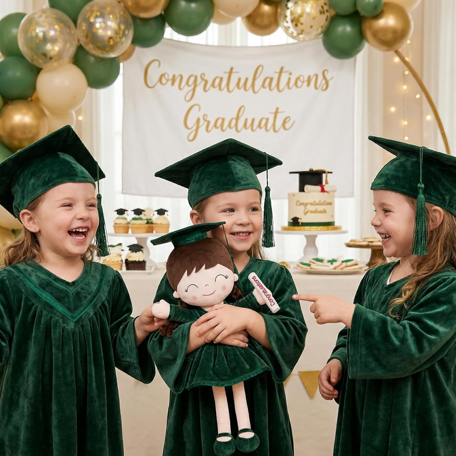 Gloveleya 16" Dark Green Graduation Doll - Elegant Plush Scholar Doll with Cap & Gown - Kindergarten Graduation Keepsake, Class of 2026 Achievement Gift