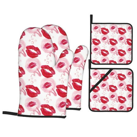 

WARHOOME Oven Mitts and Pot Holders Sets Heat-Resistant Romantic Kisses Pattern BBQ Glove Oven Mitt Hot Pads Kitchen Cooking Baking Grilling 4Pcs